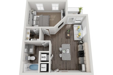 1 bed 1 bath A1 631sf floor plan The Six, Mt. Pleasant, SC